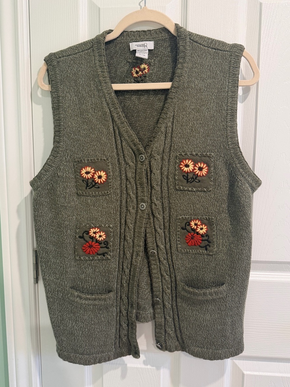 Vintage Cozy Northern Reflections Olive Green Knit Vest with Floral Embroidery